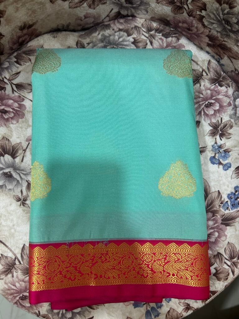 Semi Kanjeevaram - Sea blue and pink small border