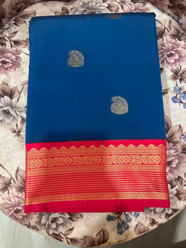 Semi Kanjeevaram - peacock blue small border