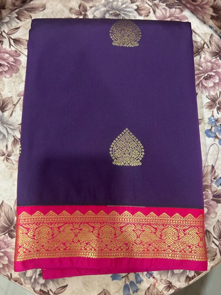 Semi Kanjeevaram - Brinjal and Pink small border