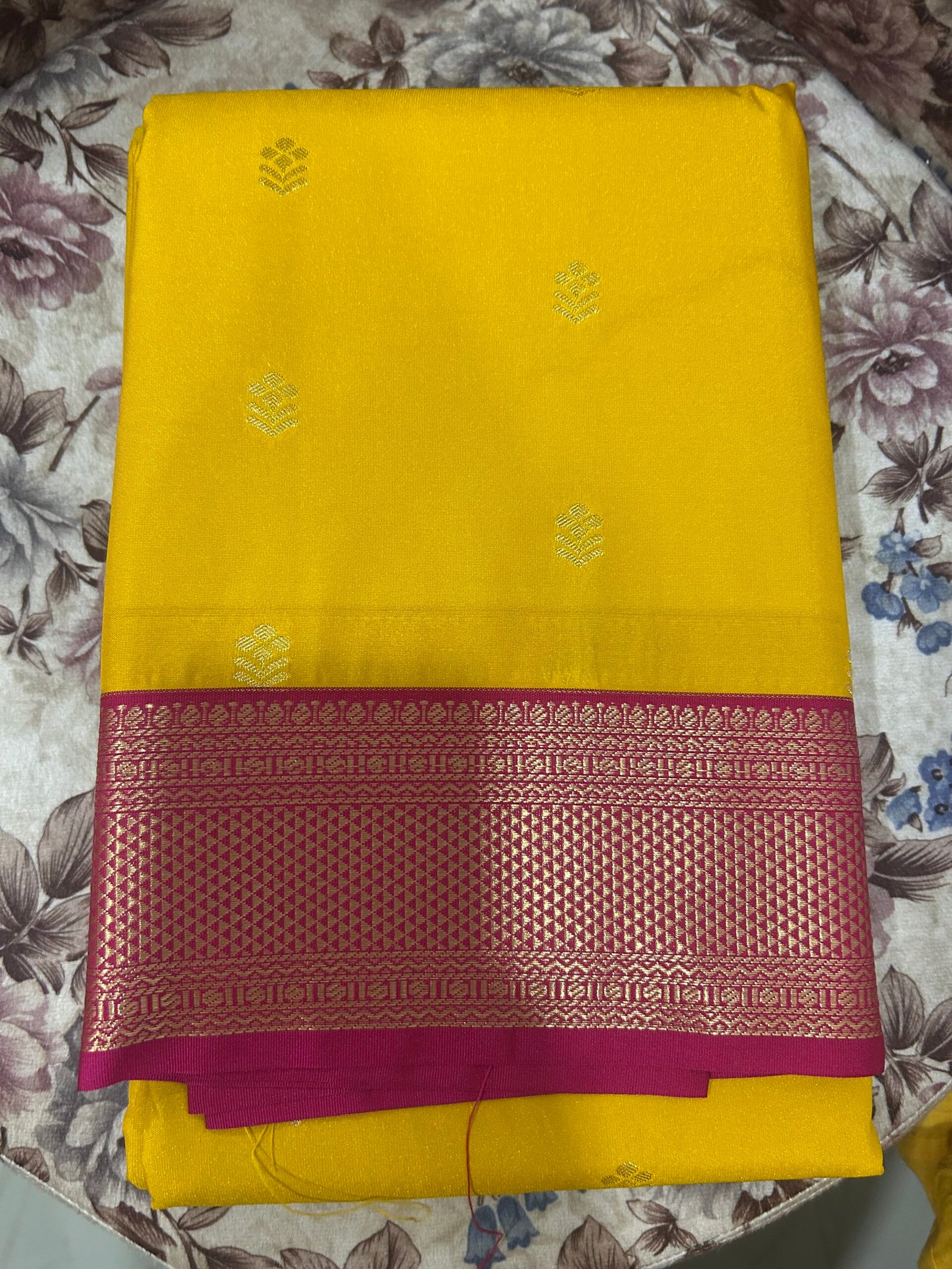 Semi Kanjeevaram - Yellow and Pink medium border