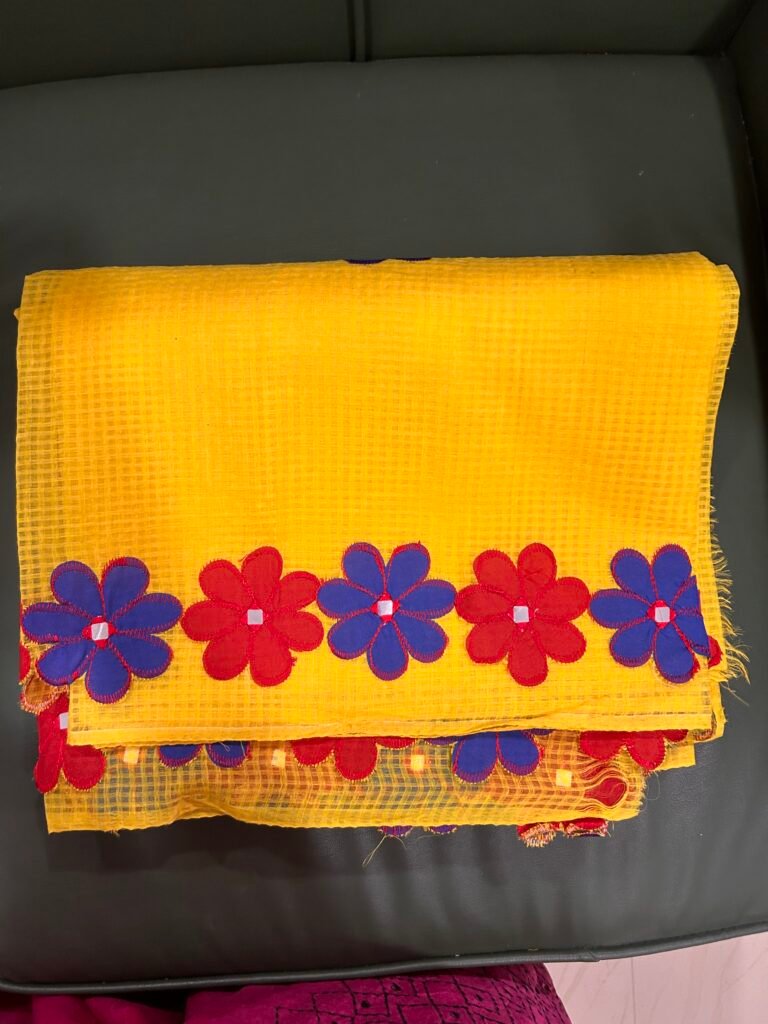 Yellow Kota Saree Flower Patch Work