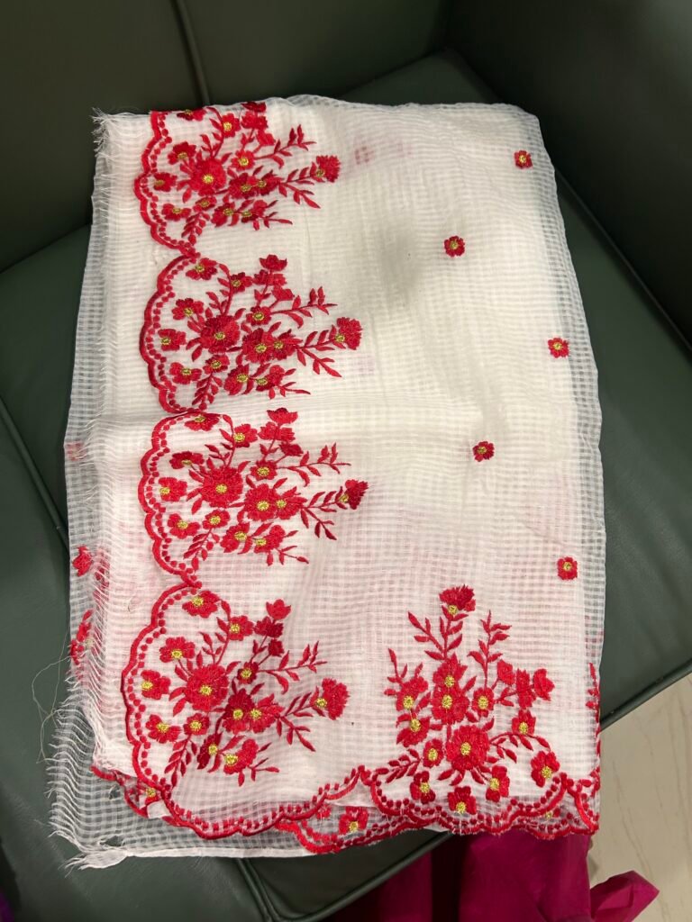 White and Red Thread work Kota Saree