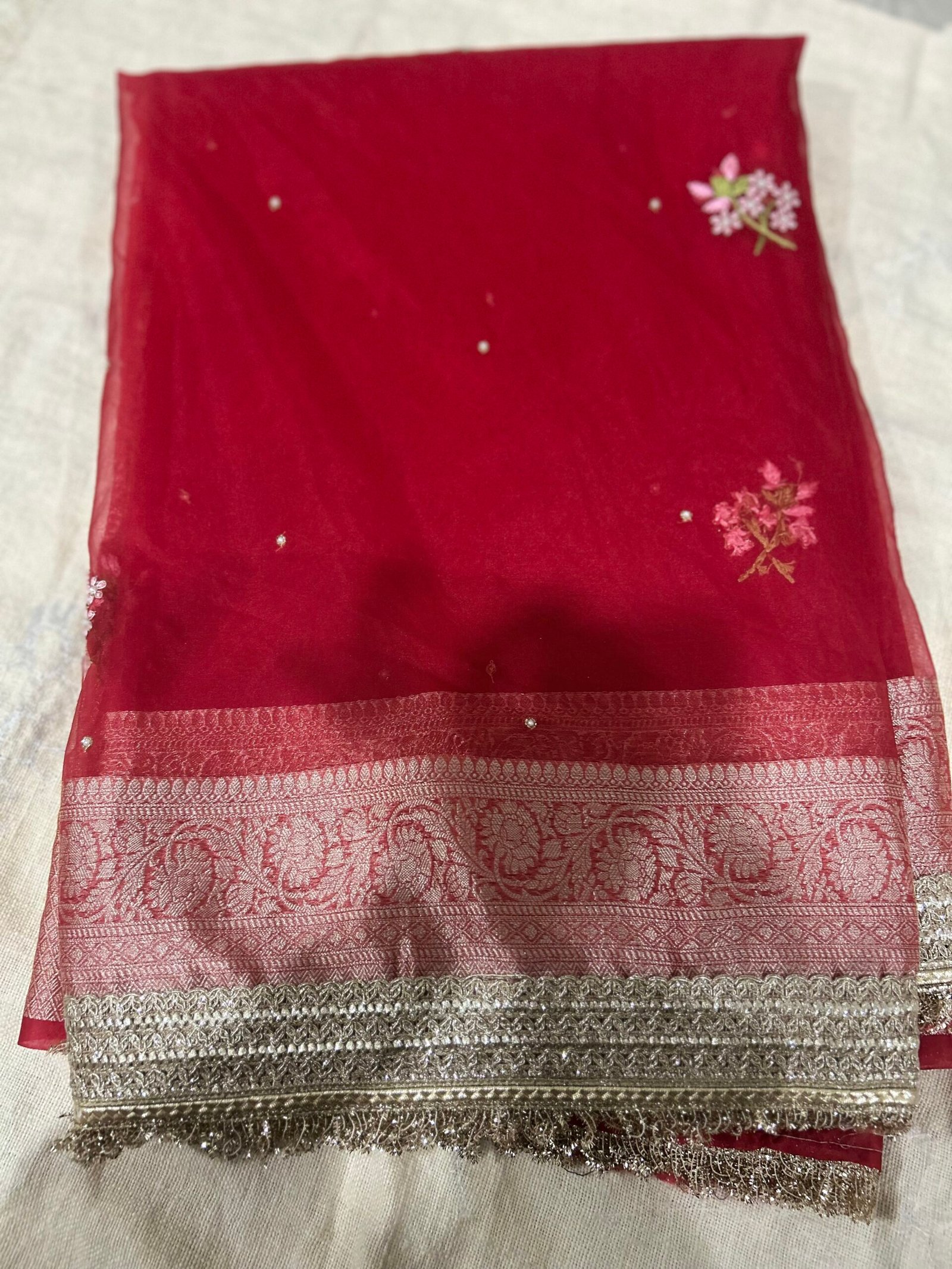 Red Premium Kora Hand Embroidery with lace