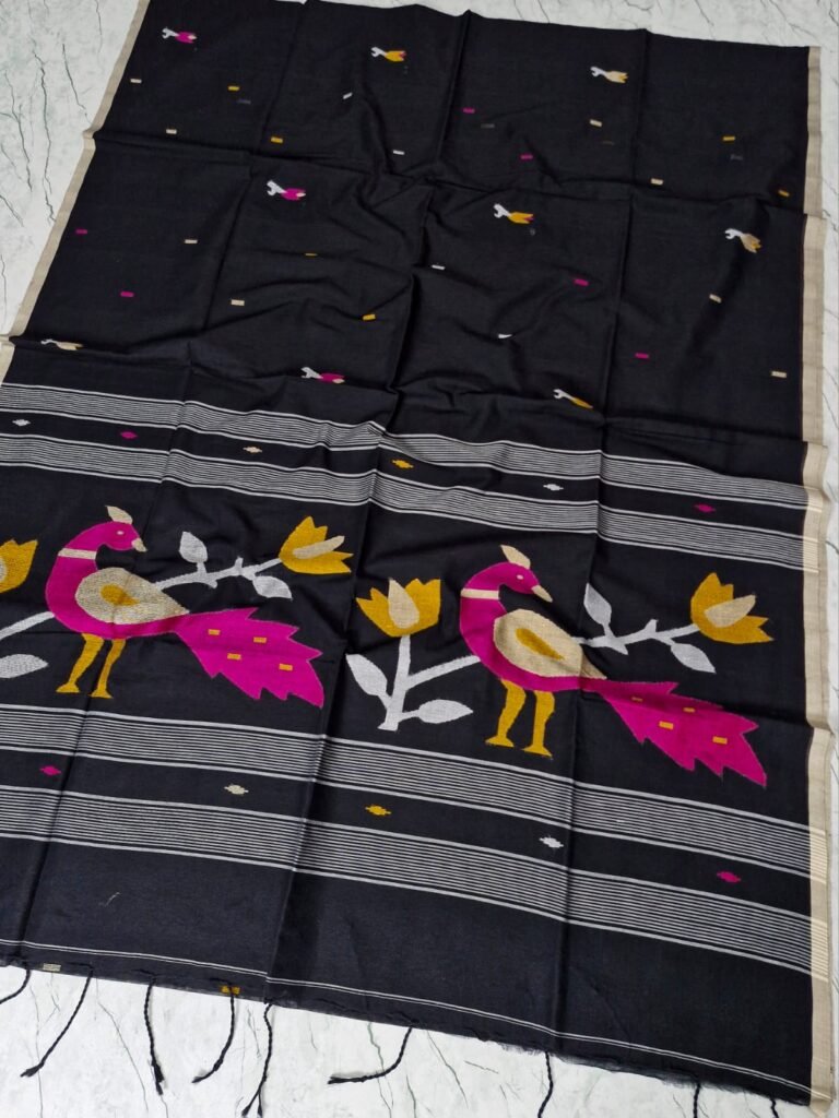 Pure Handloom Cotton Jamdhani Needle Weaving - Black